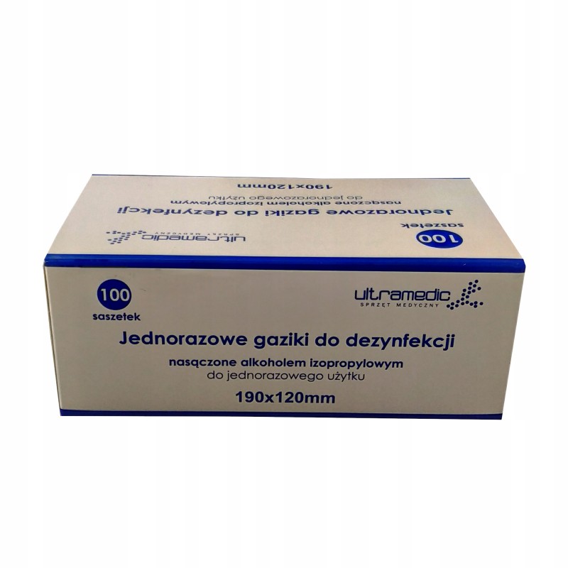 JEDNORAZOWE GAZIKI DO DEZYNFEKCJI, ALKOHOL 70%, 190X120MM, OPAK.100SZT